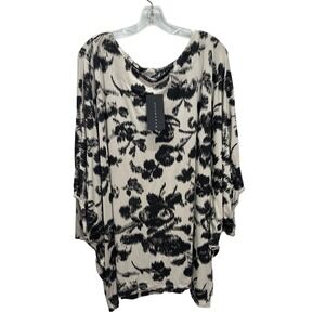 Bryn Walker Wilder Tunic Black Beige Floral Print Batwing Sleeve XL Made in USA